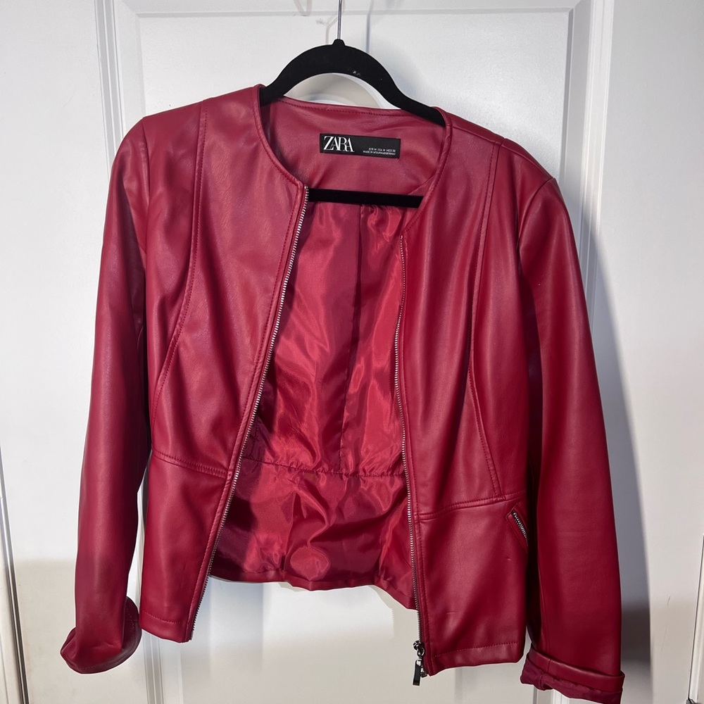 Zara red leather jacket with silver hardware